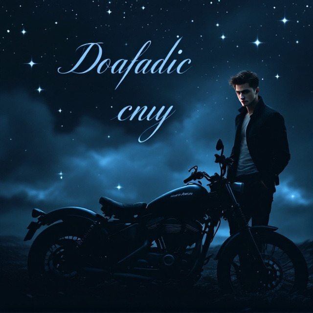 A dark, mysterious scene features a young man leaning against a sleek motorcycle. He has light skin, dark hair, and piercing brown eyes that convey a serious look. The backdrop is an enigmatic dark-blue sky, peppered with stars and shrouded in an ethereal mist, exuding an aura of romance and allure.