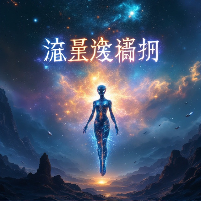 A vast, starry cosmos stretches across the top half of the cover, with vibrant nebulae in hues of blue, purple, and gold. A celestial humanoid species with glowing eyes and semi-transparent, luminescent bodies floats mid-cover, their forms intricately detailed with energy-like patterns. In the background, a massive, ancient space station or structure hovers, surrounded by planets and asteroid belts. At the bottom, faint silhouettes of spaceships launch upward, emphasizing exploration and movement.