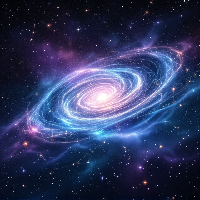 A vast, majestic star-filled galaxy with a glowing, ethereal nebula in hues of purple, blue, and teal spanning the center. Overlapping the nebula is a silhouette of intricately designed spiral energy patterns, radiating a sense of mysticism. Thin glowing constellations are etched faintly in the surrounding space, arranged to subtly resemble ancient symbols or codes. The entire background fades into deep blackness, enhancing the contrast and creating depth. The edges carry faint, geometric overlays, such as triangles, circles, and lines, to hint at futuristic technology.