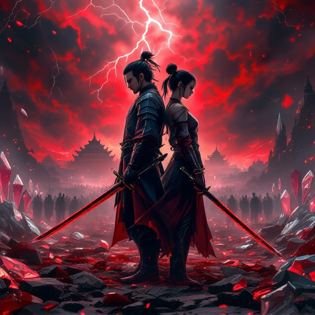 The central focus of the cover is Kenji and Yui standing back-to-back on a blood-soaked battlefield. Kenji, on the left, displays a determined yet sorrowful expression, holding his silver-bladed katana in a ready stance. Yui, on the right, stands calmly but intensely, her katana reflecting crimson light. Their battle-worn armor gleams faintly against the stormy crimson sky, which is streaked with lightning bolts to reflect the charged atmosphere. In the mid-ground, shattered crystal spires and glowing crystal shards scatter across the broken land. The imperial palace rises in the ruined background, its intricate carvings and cracks visible through a red glow of smoke and fire. Enemy silhouettes emerge hazily from the mist in the distance. Broken swords and shattered armor populate the immediate foreground, further immersing the viewer in the devastation.