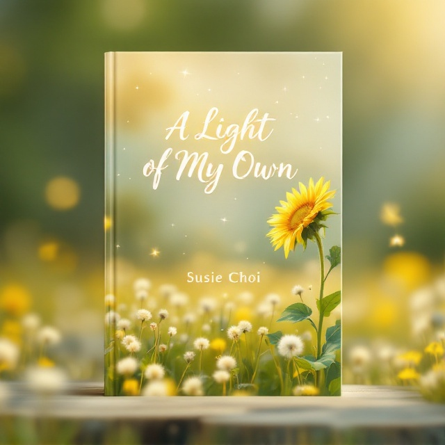 A serene summer field stretches across the cover, with soft gradients of green and gold blending harmoniously. Dandelions dot the foreground in delicate detail, their fluffy white heads swaying slightly to imply a soft breeze. The focal point is a single sunflower situated slightly off-center to the right, standing tall and bathed in the warm glow of golden sunlight pouring in from the left. The background transitions subtly into a soft, hazy sky with dreamy tones of pastel peach and light blue. Faint sparkles of light across the cover create an ethereal touch, enhancing the wonderful and introspective mood of the design.