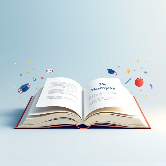 An open book is centrally placed on a gradient background transitioning from light blue at the top to white at the bottom. The left page features a subtle illustration of the British flag, while the right page displays a graduation cap, pencil, and apple. Abstract educational icons are softly integrated into the background for added depth.