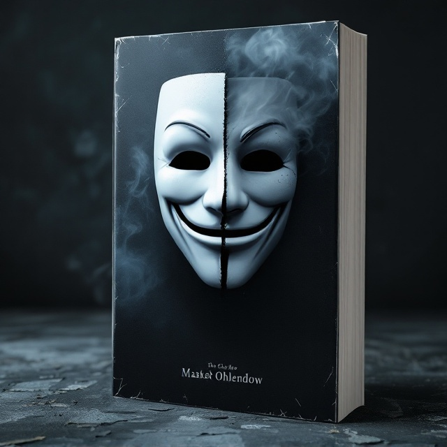 A dark, grungy background with moody indigo and gray tones. In the center, a man wearing a pristine, shiny white smiling mask dominates the frame. The mask is split vertically down the middle, with the right half showing a shadowy void where a face should be, terrifying in its abyss-like depth. Subtle smoke wisps spill from the edges of the shadow, creating an eerie, ghostly effect. The overall image is dimly lit, with faint textures of peeling paint or cracked walls visible in the background, evoking feelings of decay and emptiness.