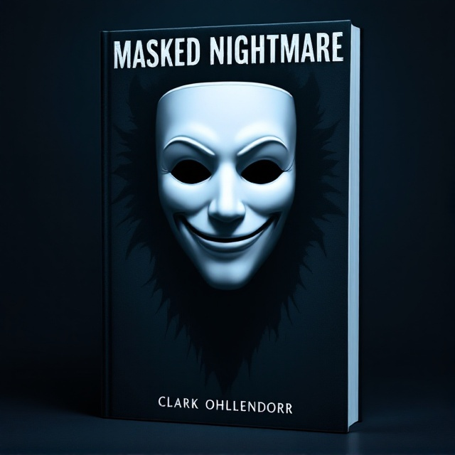 A white mask with a gentle, unsettling smile is centered on a cool, dark background. The mask's shadow stretches out behind it, transforming into a giant, terrifying demon-like silhouette that lurks ominously. Subtle shading and gradients give depth to the shadow, enhancing the sinister feel.