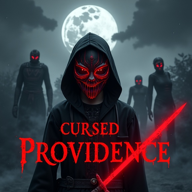 The cover features a hauntingly dark scene with the young boy at the center. His dark robes blend into the shadowy background, while the focal point is the intricately detailed red mask with demon-like features, radiating an aura of malevolence. The blood sword glows ominously in his right hand, casting an eerie light that reflects off his robes. Behind him, faint silhouettes of dreadful, towering creatures loom, barely discernible against the dark grey background. High above, a full moon peeks through dark clouds, casting a pale light that accentuates the fear and horror.