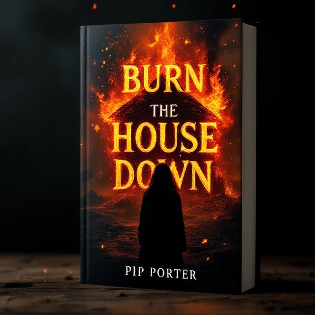 A silhouetted woman stands in the foreground, her back to the viewer. Her face is unseen as she gazes at a crumbling house engulfed in roaring, bright, crimson-orange flames. The background features a dark, almost blackened, smoky sky, creating high contrast. Embers float dynamically across the cover, adding a sense of motion and intensity.