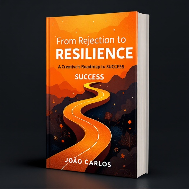 A dynamic and modern design features an orange-hued, winding roadmap that flows diagonally across the cover, symbolizing the journey from rejection to success. Along the roadmap are scattered subtle icons representing creativity tools like a pen, paintbrush, and camera. Rising in the background is an abstract gradient pattern, transitioning from darker tones at the bottom (struggles) to brighter tones at the top (success and resilience). A transformation motif of growth is subtly indicated through layered textures resembling blooming shapes around the roadmap.