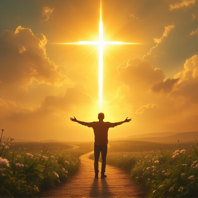 A radiant golden sunrise illuminates the cover, with a silhouette of a person standing in the foreground, arms open in an attitude of surrender and connection to the divine. A glowing cross is suspended in the sky amidst soft, radiant clouds, its light streaming outward, symbolizing divine hope. In the background, a winding pathway, bordered by lush green fields and blooming flowers, leads to the horizon, evoking a sense of transformation and spiritual journey.