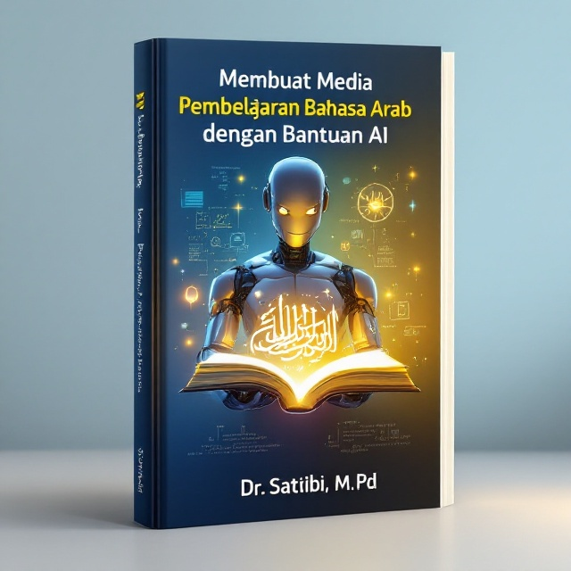 The cover features a central, futuristic robot figure shaped in a minimalist design, with metallic highlights, holding a holographic open book containing Arabic script swirling in luminous fonts. The background transitions from a deep blue at the bottom to a soft yellow gradient at the top, representing the merging of traditional learning methods with modern AI tools like ChatGPT. Subtle digital code and AI interfaces form a soft overlay, giving the design depth.