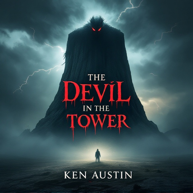 The cover features Devil's Tower Monument looming large in the center, shrouded in swirling, ghostly mist. The top of the monument is dominated by the faint silhouette of a dark, menacing monster with glowing red eyes and elongated claws stretching into the shadows. The background sky is a gradient of deep black fading into stormy shades of blue, streaked with eerie brown lightning. The ground at the base of the monument fades into darkness with whispers of ghostly shapes emerging from the mist.