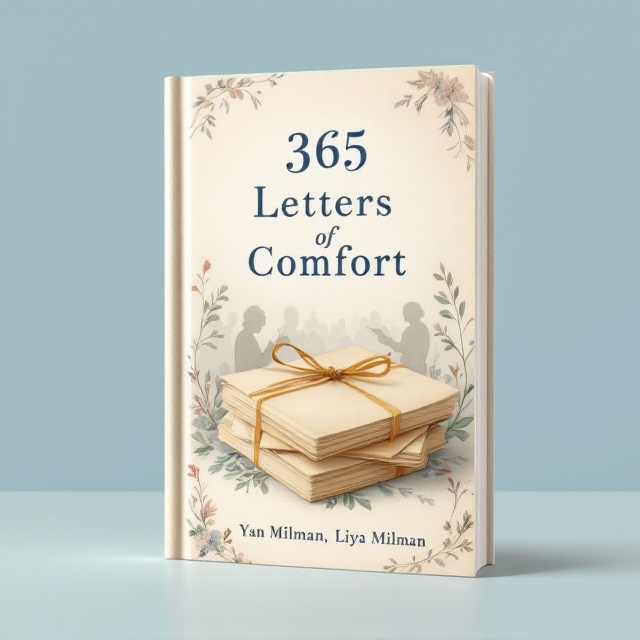 A soft, pastel-toned background of light beige or sky blue with the subtle texture of parchment paper. Centered on the cover is a stack of slightly tilted, hand-written letters tied with a vintage ribbon. Behind the letters, faded silhouettes of elder hands writing or holding letters in the background, adding an emotional and warm touch without overpowering. Delicate, flowing tendrils of abstract floral design frame the edges to give a serene and calm aura.