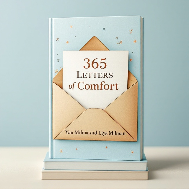 A pastel-toned background (sky-blue or off-white) featuring a centerpiece design of an open envelope, with a single sheet of paper partly visible, bearing subtle manuscript-style writing. Around the envelope, faint silhouettes or soothing illustrations of older adults in comforting poses are visible, softly blending into the background. The title, "365 Letters of Comfort," is elegantly placed in the center of the cover, framed by subtle floral motifs or soft watercolor patterns that suggest serenity and care.