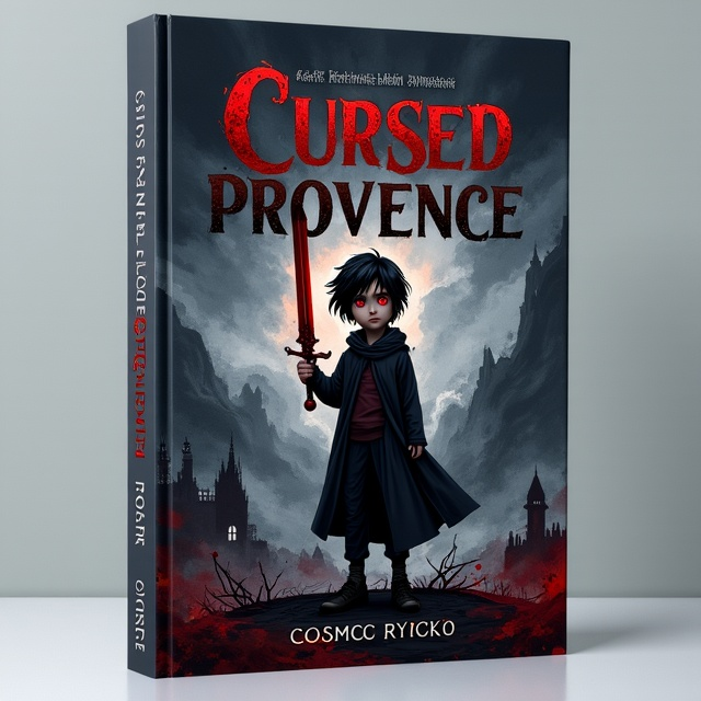 The cover features a dark, stormy background painted in watercolor style, with swirling shadows and faint silhouettes of broken castles and jagged mountains. In the foreground stands a boy, no older than 16, in dark robes. His head is slightly turned to the side, revealing piercing red eyes. He holds a blood-red sword in his right hand, and his left hand is lifting a red demon mask away from his face. His shoulder-length black hair flows with the energy of the scene.