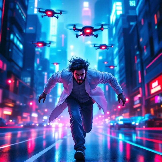 A dark-haired scientist with a panicked expression is mid-sprint, his white lab coat flowing behind him. The gleaming cityscape surrounds him in the background, a high-rise metropolis bathed in neon blues and purples, with sharp metallic edges. Above him, menacing military drones with glowing red lights are in chase formation. The city’s streets and buildings are detailed in an anime-inspired style, with dynamic motion lines highlighting the energy of the chase. The scientist is the focal point, his figure sharply defined against a slightly blurred, vibrant cityscape.