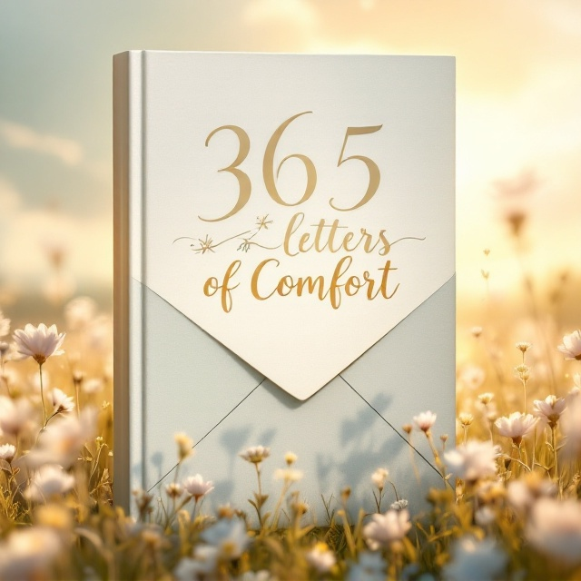 A serene landscape of a sunlit field, where an oversized envelope gently rests amidst wildflowers. Floating above the envelope are elegant cursive styled letters, reminiscent of handwritten letters. Senior figures are subtly shadowed in the background, conveying a comforting presence. Wisps of clouds frame the scene, instilling a sense of calm and tranquility.