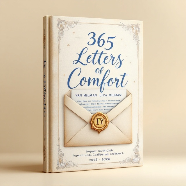 The book cover is set against a textured, warm cream background that mimics the soft, aged feel of parchment paper. A large, elegantly drawn vintage envelope is centered, slightly tilted for a charmingly personal touch. The envelope features an illustrated wax seal with the initials "IY" (representing the Impact Youth Club) imprinted in gold. Peeking out from the envelope is a stack of folded letters, with visible edges showing handwritten text in calming tones like blue and gray. In the background, there is a faint overlay of subtle cursive script, invoking a sense of nostalgia and timelessness. In the corners, delicate sketched outlines of seniors reading letters emphasize the emotional core of the book.