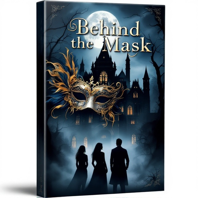 A dark and moody cover with an old, gothic-style building looming in the background, faintly lit under a full moon. A mysterious masquerade mask appears in the foreground, placed slightly off-center with intricate golden details and feathers, adding an air of fantasy and mystery. Silhouettes of two female figures and one male figure stand in front of the building, backs turned, creating an ambiguous and eerie atmosphere. Fog swirls around their feet, subtly blending their forms with the building to evoke curiosity and unease.