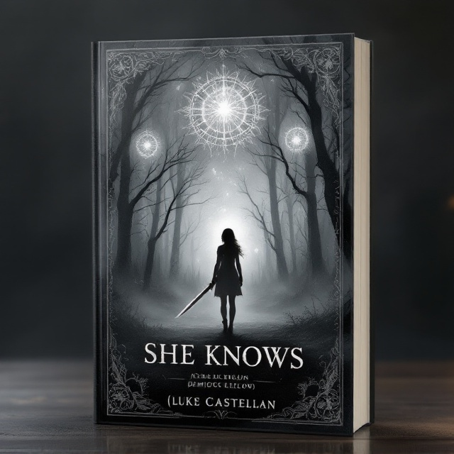 A misty gray background depicting an ominous forest at dusk, with faint, swirling magical patterns of light in the air. At the center, the silhouetted figure of a girl holding a sword stands firmly, her posture both defensive and determined. Behind her, faint shadowy outlines of godlike figures tower, their divine forms faintly glowing, exuding power and menace. Surrounding the bottom and edges are intricate etchings of magical symbols and sketches of weapons like daggers, shields, and ancient swords that taper into the gray backdrop.