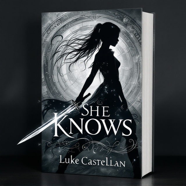 standing book mockup, Its title is "She Knows [Luke Castellan]". Its author name is demigodlygirl00.  A shadowy silhouette of a girl poised in a combat stance, holding a gleaming sword. Her silhouette is backed by an enigmatic array of swirling mystical designs and faint, ethereal symbols suggestive of ancient gods. The background features a gradient from deep charcoal to muted silver-gray, adding depth and a sense of foreboding mystery. Wisps of magical energy curl around her, hinting at a world beyond. The title "She Knows" in a bold, serif font that conveys strength and mystery, using a cool, metallic gray that complements the background, with "Luke Castellan" subtly italicized beneath in a lighter silver hue. The author’s name, "demigodlygirl00," is in a smaller, elegant sans-serif font positioned at the bottom for balance., The girl’s silhouette centrally placed, with the swirling designs around her offering a dynamic yet harmonious composition. The title is positioned boldly across the top third of the cover, with the subtitle and author's name below it. The background designs fill the space, adding intrigue without overwhelming the text.