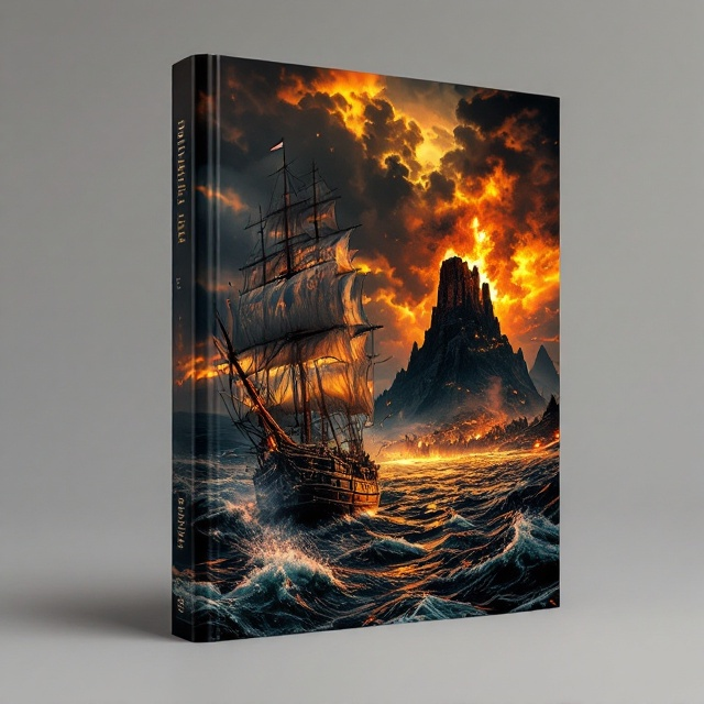 A large Dutch warship from 1820 AD dominates the cover, situated in the bottom-left corner, its sails billowing as it prepares for battle. To the right, vivid cannon fire illuminates a small island with steep cliffs in the distance, seen as the defenders' stronghold. Guns, swords, and cannons scattered amongst battling figures are faintly visible amidst the chaos near the base of the island. The sky above transitions from a muted black to deep orange hues, giving the impression of battle at dusk. Waves in the foreground are rendered dynamically with reflections of fire, smoke, and the twilight.