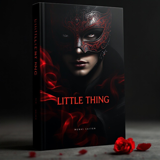 A dark, shadowed figure of a man wearing a sleek, black Venetian mask dominates the center of the cover. The mask has intricate red detailing, and his enigmatic eyes faintly visible through the mask create a sense of mystery and desire. Red smoke swirls around the figure, complementing the noir background that fades into deep shadows. A subtle hint of a rose petal in the corner adds an element of romance and obsession.