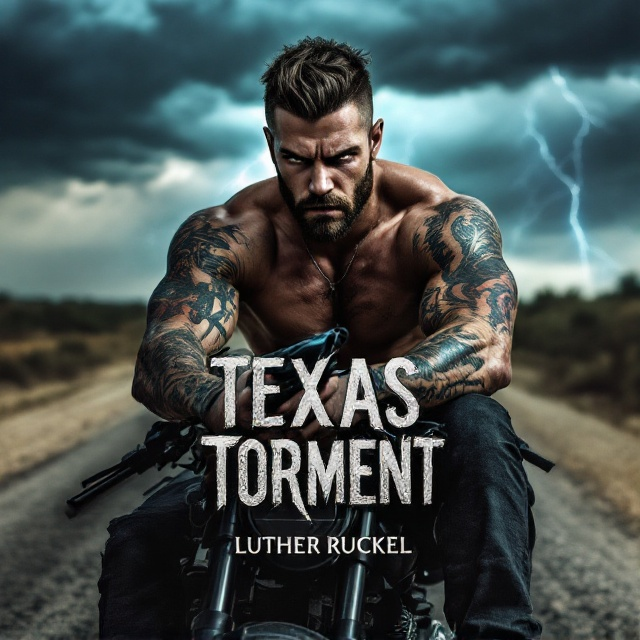A close-up of a rugged 18-year-old male with a muscular build, sitting on a sleek black motorcycle. His arms are covered in tattoos, and his expression is cold and filled with anger. He grips a handgun tightly, pointing it slightly downward. Behind him, the backdrop features a stormy Texas sky with lightning striking in the distance, casting dramatic shadows over the scene. A dusty country road stretches into the horizon, creating depth and a sense of isolation. The color palette includes shades of gray, muted browns, and flashes of electric blue, contrasting with the character's intense presence.