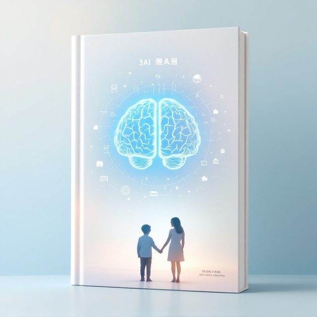 The cover features a soft, gradient background transitioning from light blue to white, symbolizing growth and peaceful development. At the center, a glowing brain-shaped icon represents AI, constructed from delicate circuit patterns and subtle light effects. Surrounding the brain are transparent, tidily arranged icons of parenting-related tools (books, toys, blocks, etc.) orbiting like constellations. In the foreground, silhouettes of a smiling child and a parent holding hands, subtly blended at the bottom, evoke warmth and connection.