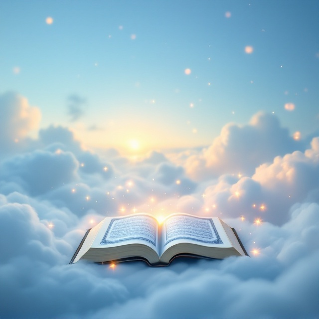 A serene sky filled with soft, floating clouds, depicted using various shades of light blue. The Al Quran is set prominently in the foreground, partially open, as if inviting the reader to explore its contents. Surrounding the Quran, small wisps of glowing light create an ethereal glow, adding a sense of spirituality.