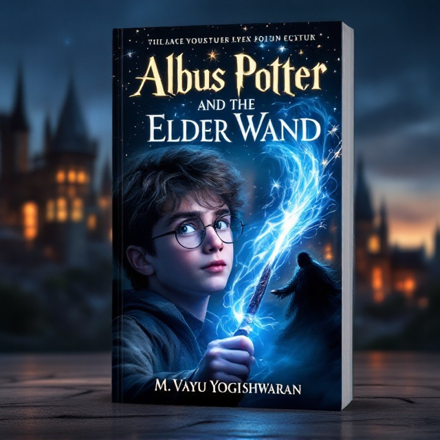 The cover vividly depicts a dynamic scene set against the backdrop of a twilight-illuminated Hogwarts castle. A slim but fit young boy, Albus Potter, is front and center, his expression vibrant with determination. He’s shown holding the legendary Elder Wand, with a vivid flash of blue magic swirling outwards in arcs towards a shadowy, menacing enemy figure engulfed in an ominous mist. The magical spell glimmers, casting glowing reflections, pulsing with energy. Stars twinkle in the upper background, merging seamlessly into the dusky skyline.