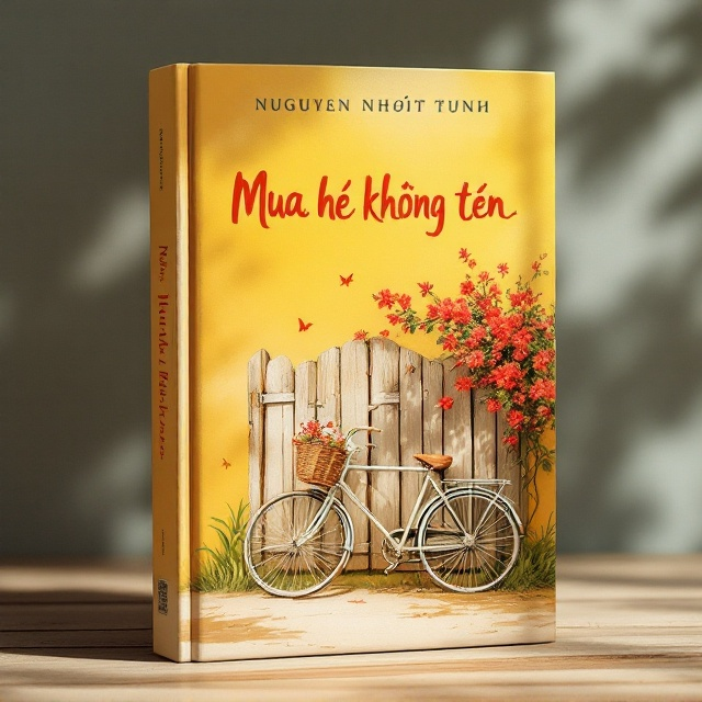 A warm, slightly faded yellow background dominates the cover, evoking a nostalgic and summery ambiance. The main illustration showcases a small, rustic bicycle resting against an old wooden fence with red bougainvillea flowers draped over it. Subtle, hand-drawn brushstroke elements mimic sunlight filtering through, creating a dreamy atmosphere. Vintage film grain effects give the cover a textured, "old memory" aesthetic.