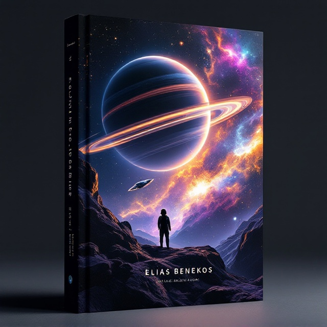 A breathtaking deep-space scene featuring a large, detailed exoplanet with glowing rings dominating the center. To its left, a sleek, futuristic spacecraft hovers, with light rays emanating subtly. A silhouette of an astronaut stands on a rocky foreground, gazing upward at the cosmos. The background teems with vibrant nebulae in shades of violet, gold, and blue, shimmering constellations, and distant galaxies scattered across a starry night sky. A faint, ghostly human figure blends into the nebula, symbolizing humanity's connection to the cosmos.