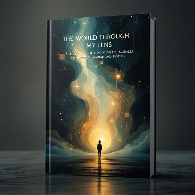 A solitary camera lens set against a dreamy, abstract background with swirling shades of deep blue, gold, and black, symbolizing depth, introspection, and universality. Subtle, almost ghostly, glowing geometric shapes (like circles and rectangles) fade into the background, representing structured thought within a fluid, limitless context. A faint silhouette of a person stands in the foreground, gazing into the vast backdrop, embodying philosophical curiosity. A streak of light runs diagonally across the composition, representing transformative perspective and purpose.