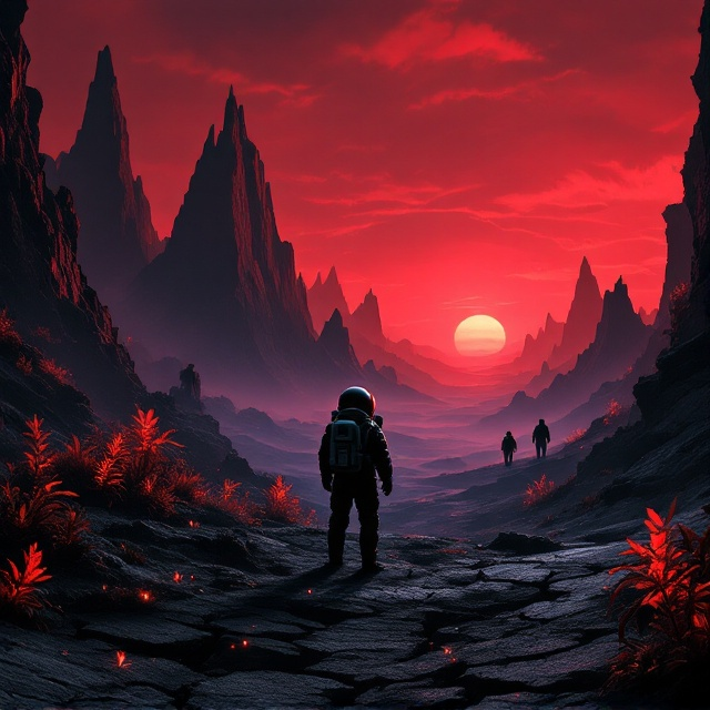 A dark, eerie landscape of an alien planet with jagged mountains piercing a crimson sky. In the foreground, a lone astronaut, helmet reflecting a haunting horizon. Shadowy figures loom in the distance, casting elongated shadows on cracked terrain. Glowing, mysterious plant life adds a surreal luminescence, hinting at both danger and wonder.