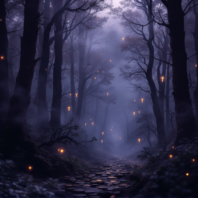 A dark, ethereal forest filled with towering, mist-covered trees is blended with faint outlines of vintage banking symbols like coin stacks and an open ledger. Floating, glowing keys are scattered throughout the mist, adding a fantastical element. Subtle smoky tendrils swirl across the scene, giving a sense of enigma and intrigue. The overall color palette features moody purples, midnight blues, and shimmers of gold.