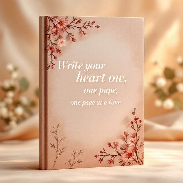 The cover showcases a premium aesthetic photograph of a soft-focus vintage journal on a warm, skin-tone background. A delicate overlay of minimalist floral line art borders the image. At the center of the cover is a deep, sexy quote like "Write your heart out, one page at a time." The design integrates subtle shadows for added depth and sophistication.