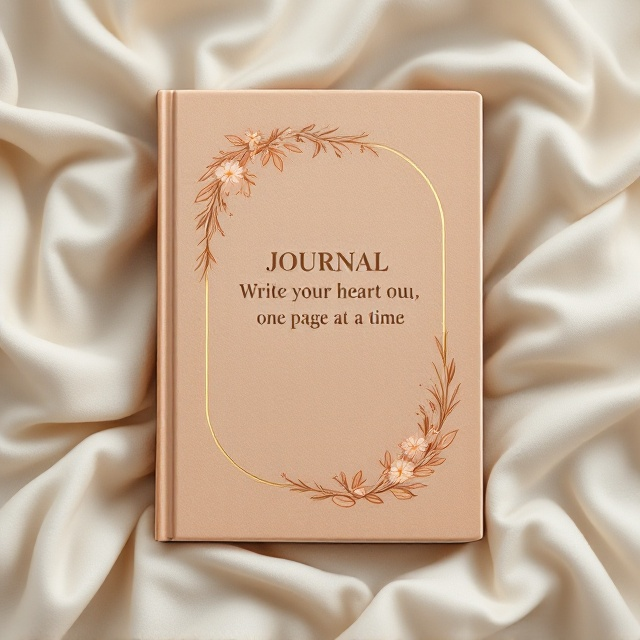 The cover features a premium, soft-focus photograph of a vintage leather-bound journal lying open on a slightly wrinkled linen fabric, all in warm skin-tone hues. The image is accented with a golden overlay of minimalist floral line art forming a frame. The quote "Write your heart out, one page at a time" is positioned boldly at the center, seamlessly blended into the photograph with an ombre effect in soft peach and cream tones. A few subtle shadows and muted highlights enhance the depth of the focal elements.