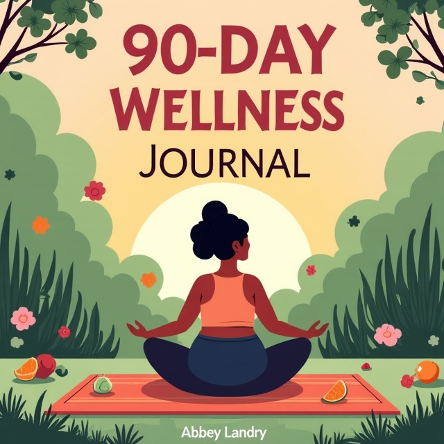 An illustration of a serene outdoor setting with a gentle sunrise in the background, symbolizing new beginnings. In the foreground, a plus-size woman is peacefully meditating on a yoga mat. Surrounding her are small icons representing exercise activities like dumbbells and a yoga pose silhouette, as well as symbols for healthy choices such as a water bottle, fruits, and vegetables. Lush greenery adds to the overall well-being aesthetic.