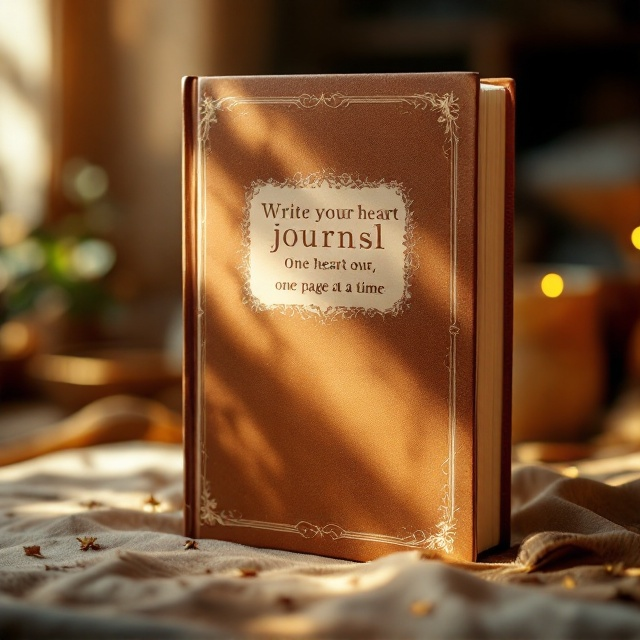 The cover features a soft-focus photograph of an antique, leather-bound journal with a slightly open page. The journal rests on a warm, skin-tone textured surface, with subtle light reflecting through, suggesting warmth and intimacy. A delicate frame of minimalist floral line art in a muted cream hue borders the photograph, giving the design an artistic, premium touch. The central composition is softly layered with an elegantly rendered, ombre-style quote that fades from a rich caramel skin tone into a lighter shade near the center. Understated shadows and light gradients provide depth and a luxurious ambiance.
