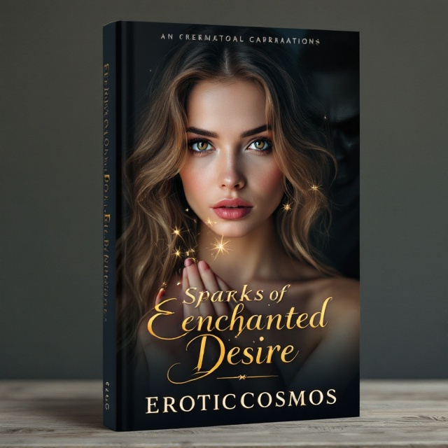 The cover features a serene young woman with light brown hair, gazing intently at the viewer with her deep brown eyes. Her expression is serious, capturing a sense of calm determination. Her hand is raised gracefully, with sparks of magic emanating mysteriously from her fingertips. Behind her, subtly framed in shadow, looms a dark, ambiguous figure adding an element of intrigue. A hickey is subtly visible on her neck, hinting at sensual undertones. The background is a gradient of deep, inky blues and blacks, conveying the mystery of the dark room.