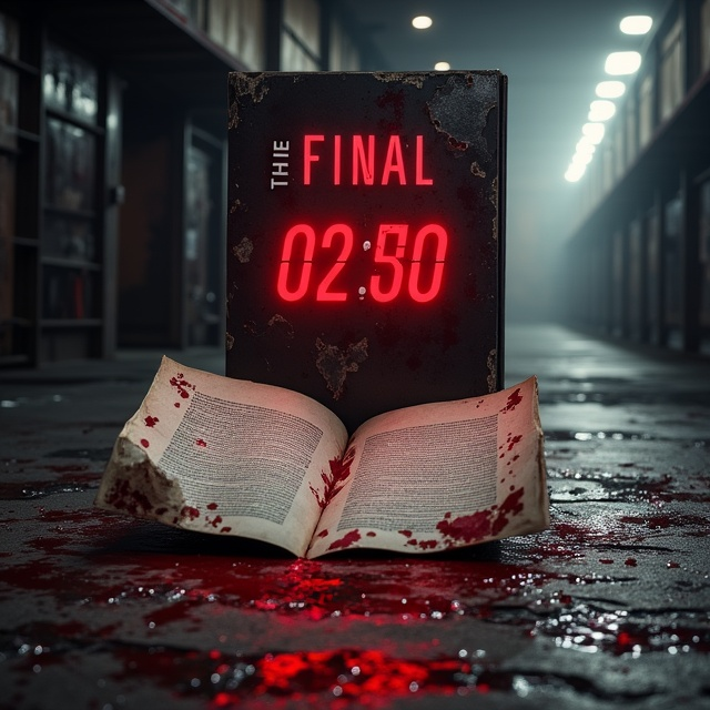 A bloodstained, partially opened letter dominates the foreground, resting atop a cracked, grungy surface with faint blood splatter surrounding it. Behind the letter, a fragmented digital timer glows ominously red, counting down in large, broken digits. In the background, an eerie, shadowed warehouse looms with faint silhouettes of shadowy figures walking into darkness. The color palette alternates between red, black, and white tones, creating a high-contrast, suspenseful visual atmosphere. A subtle layer of shattered glass effects and fine mist adds depth and danger to the scene.