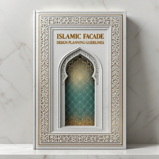 The cover features a symmetrical design inspired by traditional Islamic geometric patterns, with intricate, embossed motifs forming a facade-like border around the edges of the cover. A stylized architectural arch or window is set in the center, revealing a subtle gradient blending shades of emerald green and gold, symbolizing wisdom and prosperity. The background displays softly textured marble in neutral tones to emulate the feel of elegance and authority.