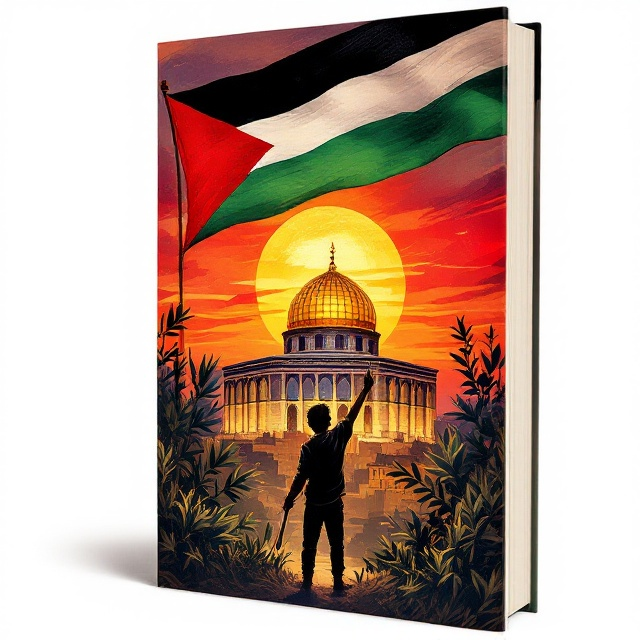 The cover features a vibrant illustration of the Dome of the Rock at the center, glowing in golden tones under a rich, streaked sunset sky with hues of red, orange, and purple. The Palestinian flag waves prominently in the foreground, crossing diagonally from the left to the right side of the design. A young boy stands boldly at the bottom left, gripping a slingshot in one hand and raising the other in defiance. Surrounding him are subtle yet symbolic shadows of olive branches, representing peace and hope, layered against a textured background.