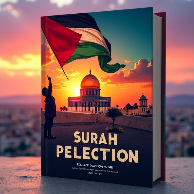The cover illustrates the majestic Dome of the Rock gleaming under a vibrant, fiery sky that shifts from warm tones of orange and red to cool hues of purple and blue, symbolizing hope amidst struggle. The Palestinian flag waves boldly in the foreground, its vivid colors standing out. To the left, a young boy, partially silhouetted, stands with his hand raised in a resolute fist of defiance. In the background, subtle textures of olive branches and mountains add depth and symbolism.