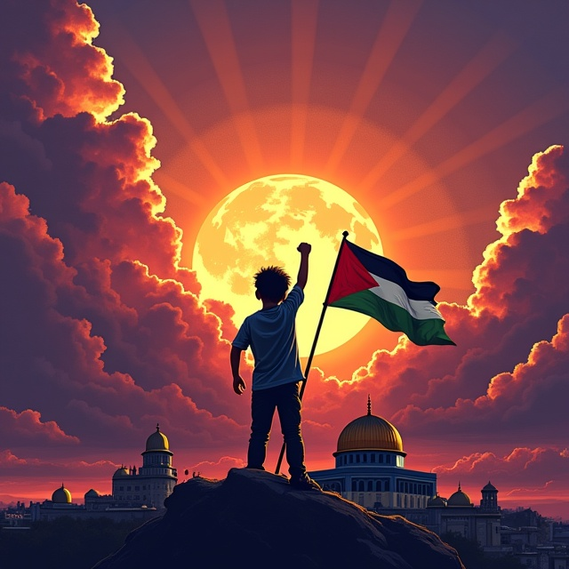 A dramatic and colorful illustration portrays the Dome of the Rock prominently in the center, its gold-tinted dome glowing against a striking backdrop of a twilight sky, layered with fiery orange and deep purple hues. In the foreground, a young boy is depicted with strong, vivid shades, standing tall, his determined eyes pointed outward as his fist is raised in defiance. Behind him, the Palestinian flag waves in full detail, displaying its iconic red, green, black, and white colors. The flag pierces through clouds that evoke a visual metaphor of struggle breaking into hope.