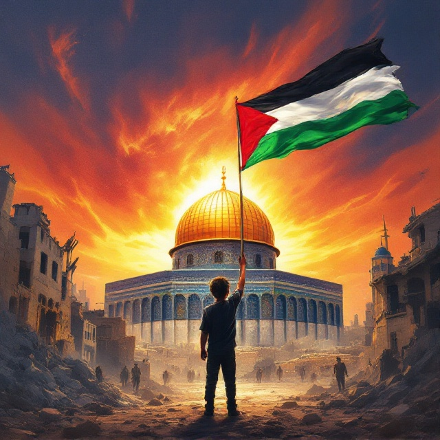 In the foreground, a young boy stands tall, his silhouette highlighted by the soft glow of the golden Dome of the Rock, which dominates the center of the composition. His raised hand clutches the edge of a Palestinian flag flowing proudly above him. The background blends a stark contrast of destruction—shattered buildings and rubble—with a radiant sky streaked in vibrant hues of orange, red, and deep indigo, symbolizing both the struggle and hope. The artwork has a painterly, almost cinematic quality, using bold, vivid colors to evoke emotion.
