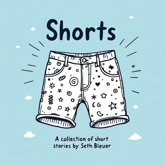 An illustrated pair of casual shorts is centered on a clean light blue background. The shorts have quirky line art doodles on them, such as stars, spirals, and asymmetrical shapes, evoking a playful and fun vibe. Thin rays or lines radiate subtly around the shorts to draw the eye inward. A sprinkling of whimsical, small white cloud-like shapes surrounds the shorts to add texture and charm.
