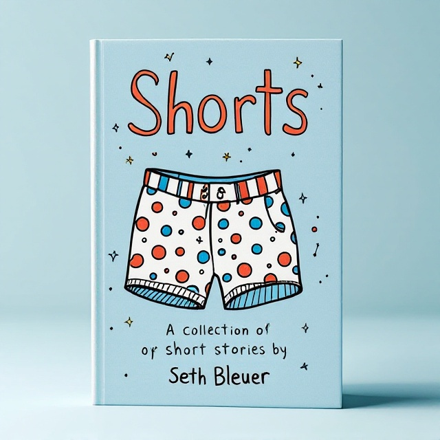 An illustrated pair of whimsical, oversized shorts is whimsically placed in the center of the cover, surrounded by playful doodle-style embellishments such as squiggles or stars, set against a flat, light blue background. The shorts are colored in bold and fun patterns (like polka dots or stripes) inspired by a Kurt Vonnegut-style of surreal and playful design.