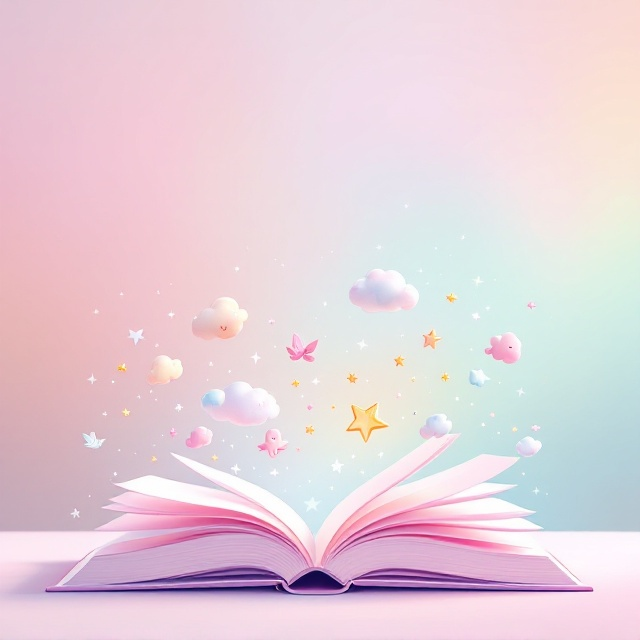 An animated, pastel-colored open book sits in the center of the cover, placed on a softly blurred gradient background with a light blend of pink, mint green, and pale yellow. Pages are whimsically flying out of the book and transforming into small, round, and cute animated clouds, birds, and stars—all rendered in vibrant yet subtle pastel tones. The overall illustration has a flowing, playful and airy look, evoking a sense of wonder and magic.