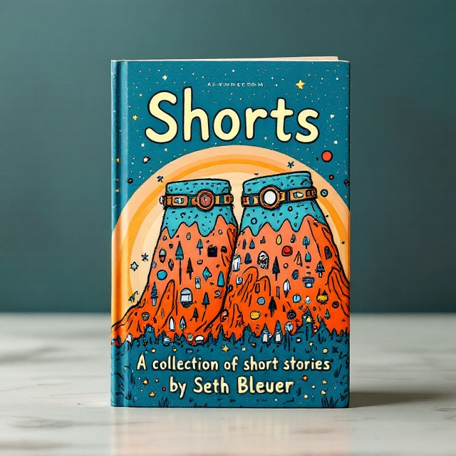 A whimsical, illustrated pair of shorts positioned at the center of the cover, drawn in a playful, Vonnegut-inspired sketchy style. The shorts are vibrantly decorated with small, thematic icons representing science fiction (rockets, planets, and stars), military fiction (medals and helmets), mountain scenes (tiny peaks and climbing gear), and abstract flash-fiction elements (quirky, lightning bolt-like designs). The background is composed of a saturated, gradient color scheme transitioning from deep blue to sunset orange, lending a fun, nostalgic yet adventurous feel.