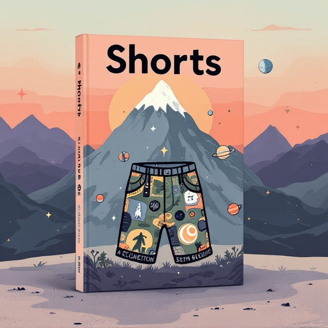 A playful, minimalist, and bold illustration of a single pair of quirky shorts takes center stage, positioned towards the middle of the cover. The shorts have a patchwork of designs symbolic of military fiction (camouflage patterns), science fiction (tiny planets, rockets), and fantasy (dragons and wizards). The backdrop is a bold mountain silhouette, with soft gradient hues of sunset colors (peach, lavender, and dusky orange) adding an adventurous and whimsical feel. Textured stars and planets float across the sky, tying it to the surreal, Kurt Vonnegut style.